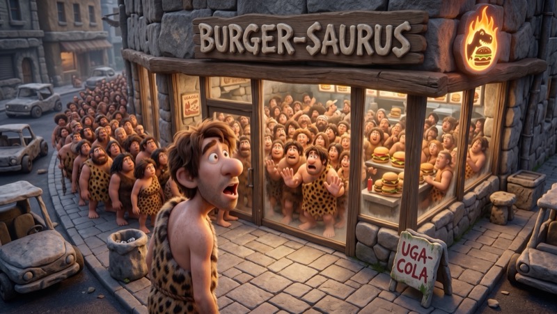 Una fila larga afuera de la hamburguesería Burger-Saurus