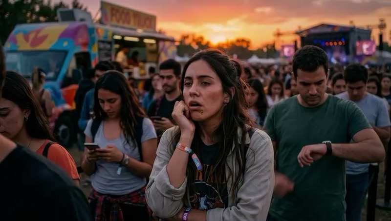 Gente esperando en un recinto, mirando el reloj