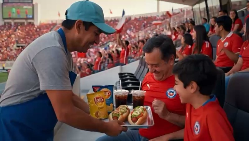 Un bandejero entregando comida a un hincha en las gradas